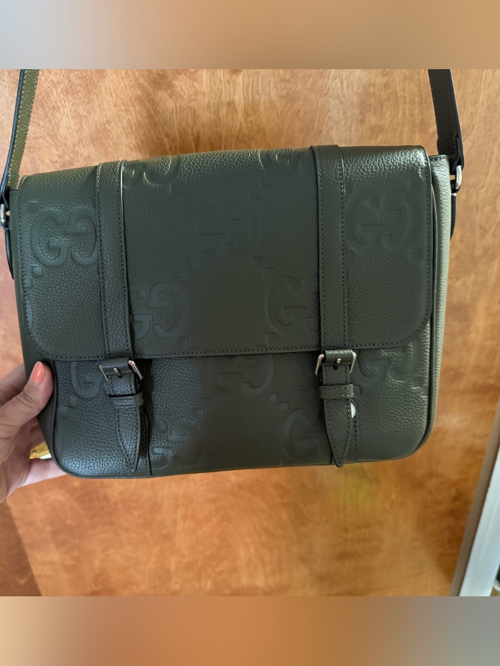 Gucci Dark Green Embossed GG Leather Messenger Bag